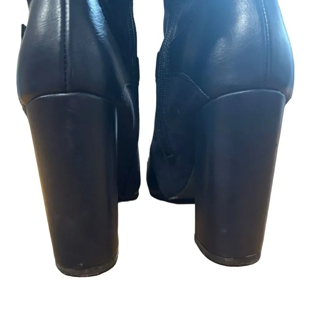 JUSTFAB Yelda Navy Blue Gold Buckle Knee High Heeled Pointed Toe Boots